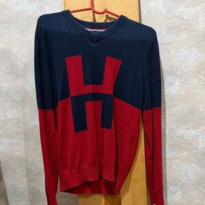 Tommy Hilfiger Red and Navy V-Neck Sweater with H Motif